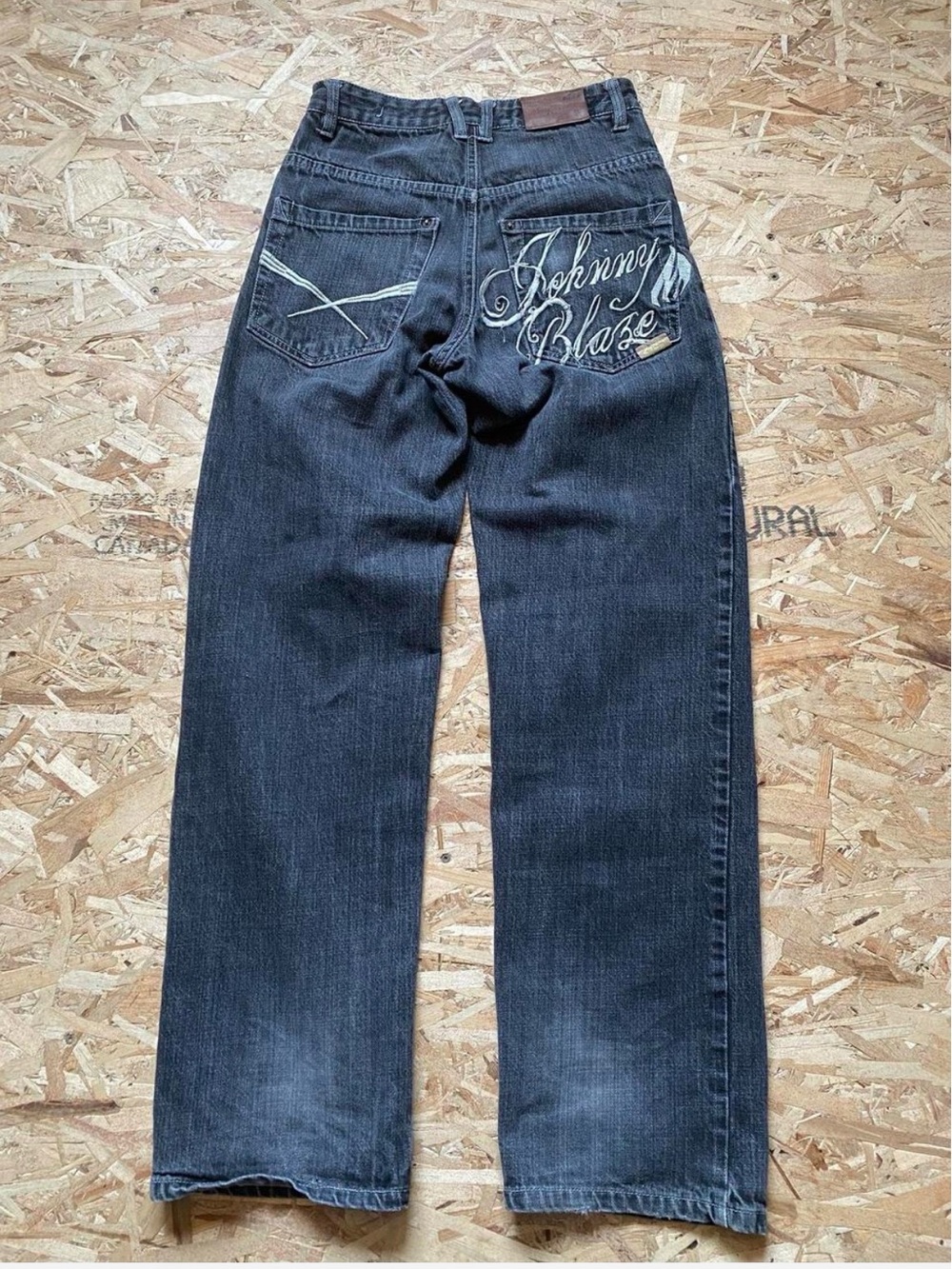 Relaxed Fit Men's Johnny Blaze Jeans in Dark Grey with White Embroidered Back